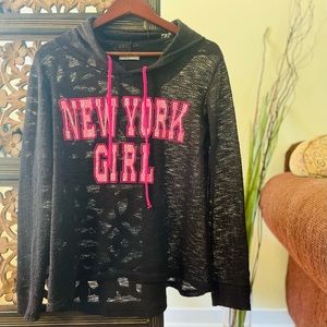 Sweet Gisele Popover New York Hoodie. Black with Hot Pink. Sz L.